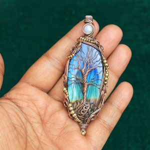 Rare Of Rare Very Collection Tree Pendant, AAA Blue Fire Labradorite Tree Of Life Pendant, Pretty Handmade Copper Pendant Jewelry