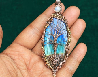 Pendentif arbre de collection rare ou très rare, pendentif arbre de vie en labradorite de feu bleu AAA, jolis bijoux pendentifs en cuivre faits main