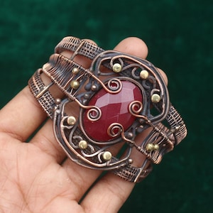 Excellence gefacetteerde robijn edelsteen armband/koperdraadwikkel edelsteen armband/feestkleding sieraden/kerstcadeau/verstelbare koperen armband