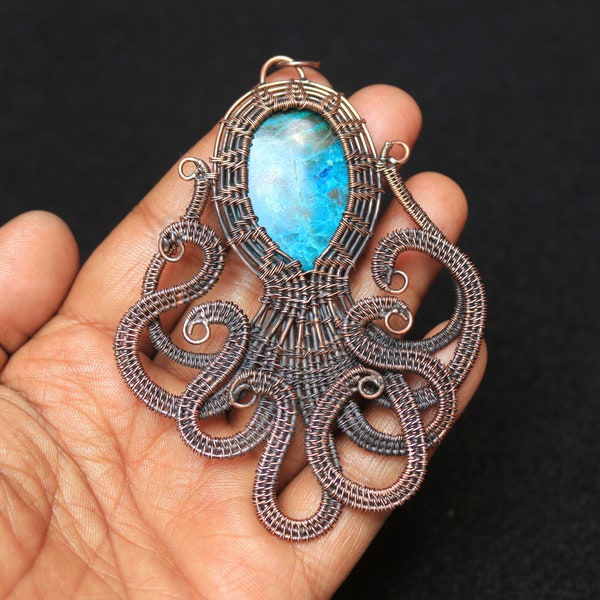 Chrysocolla Gemstone Copper Pendant Jewelry, Octopus Handmade Copper Wire Pendant, Wedding Gift Pendant, Sea Creature Octopus Pendant