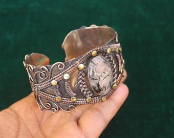 Adjustable Copper Bangle: Black Rutile Gemstone Wire Wrap Bracelet