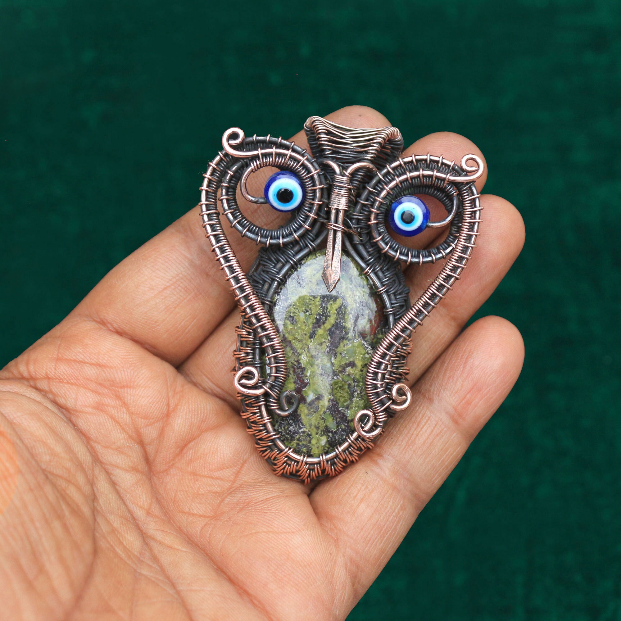 Spectacular Owl Wrapped Pendant, Unique Dragon Blood Agate, Christmas Gift, Handmade Copper Jewelry,