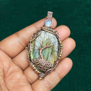 Spectacular Life Of Tree Moonstone Evil Eye Pendant,Unique Fire Labradorite Gemstone Wire Wrap Pendant, Gift For Mother, Tree Pendant
