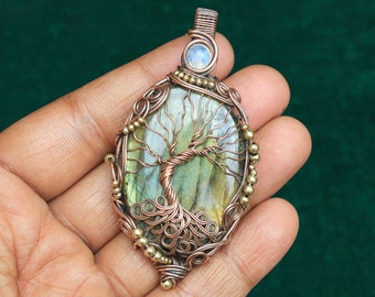 Spectacular Life Of Tree Moonstone Evil Eye Pendant,Unique Fire Labradorite Gemstone Wire Wrap Pendant, Gift For Mother, Tree Pendant