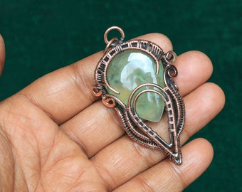 Fabulous Prehnite Cabochon Copper Wire Jewelry, Prehnite Gemstone Wire Wrap Pendant, Rare Handmade Copper Pendant, Best Christmas Gift