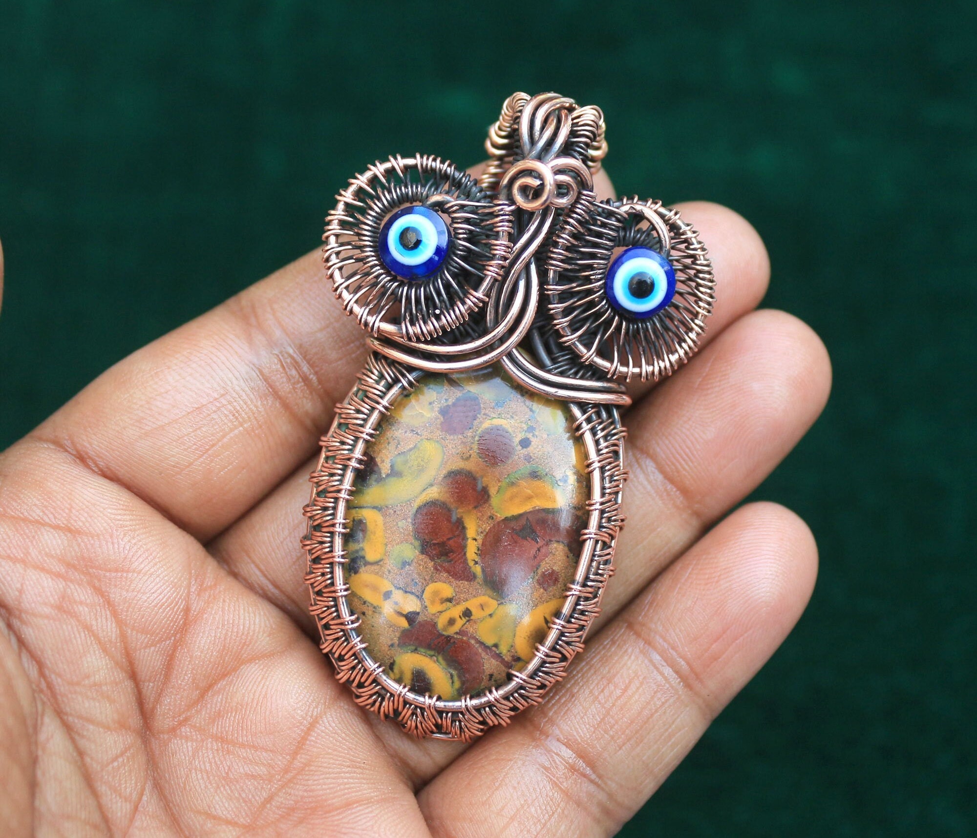 Owl Fruit Jasper Copper Wire Wrapped Pendant: Gemstone Necklace