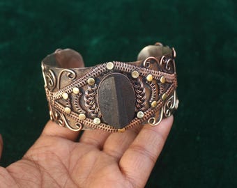 Adjustable Copper Wire Wrap Bangle: Black Tourmaline Druzy Gemstone