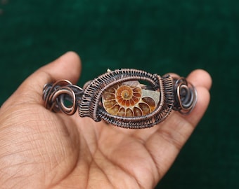 Ammonite Fossil Copper Bangle: Adjustable Wire Wrapped Gemstone Jewelry