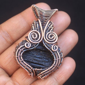 Unique Raw Black Tourmaline Gemstone Copper Wire Pendant, Cabochon Copper Wire Wrap Pendant Jewelry, Gorgeous Pendant,  Gift For Christmas,