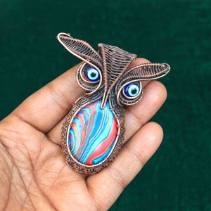 Owl Evil Eye Pendant, Rainbow Calsilica Pendant Copper Jewelry, Rainbow Calsilica Gemstone Copper Wire Wrap Pendant, Cabochon Pendant