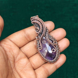 Amethist koperdraad gewikkelde hanger, handgemaakte edelsteensieraden