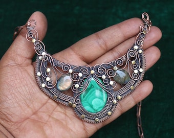 AAA++ Malachite Gemstone Necklace Jewelry, Handmade Copper Wire Wrap Necklace Jewelry, Gift For Mom, Women Necklace, Banjara Necklace