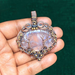 Fabulous Life Of Tree Copper Wire Pendant Jewelry, Pink Rose Quartz Two Tree Pendant, Birthday Gift Item, For Necklace, Oxidize Pendant,