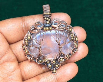 Fabulous Life Of Tree Copper Wire Pendant Jewelry, Pink Rose Quartz Two Tree Pendant, Birthday Gift Item, For Necklace, Oxidize Pendant,