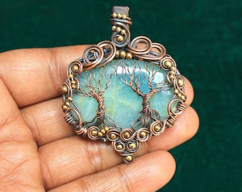 Life Of Tree Copper Wire Pendant Jewelry, Aquamarine Tree Pendant, Birthday Gift Item, Two Tree Necklace, Oxidize Pendant, Fine Hand Work