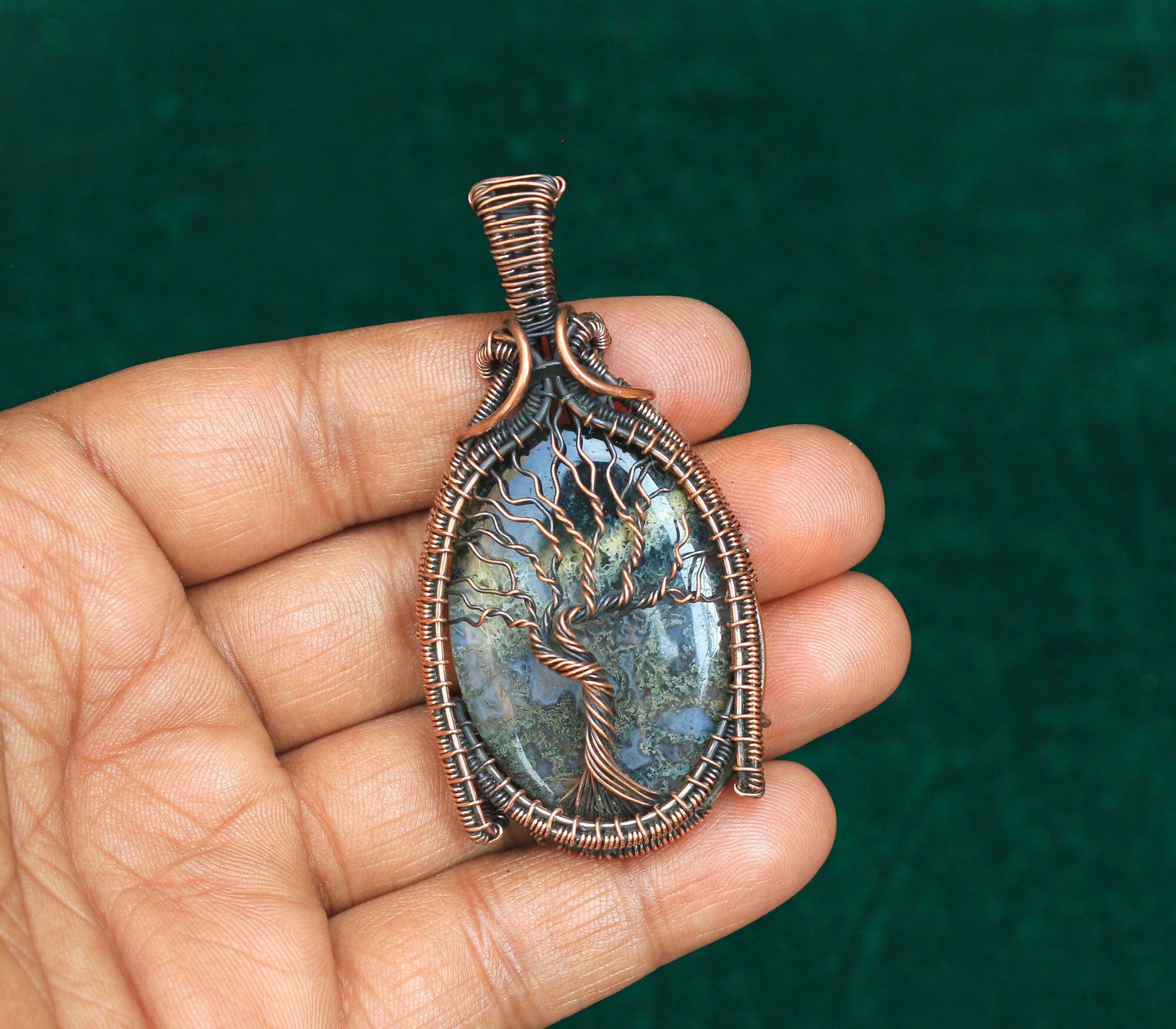 Excellence Tree Of Life Pendant, Moss Agate Gemstone Wire Wrapped Pendant, Moss Agate Copper Wire Pendant Necklace Jewelry, Gift For Her