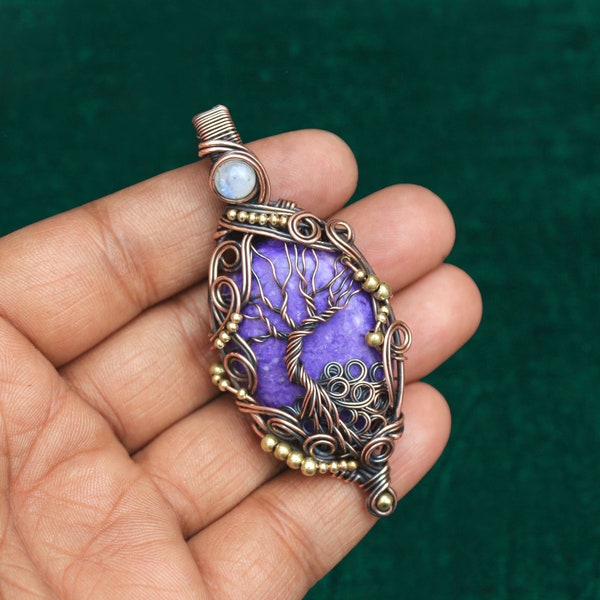 Evil Eye Moonstone Hanger, Tree Of Life Charoite Hanger Koperdraad Sieraden, Charoite Gemstone Copper Wire Wrap Hanger, Cadeau voor hem