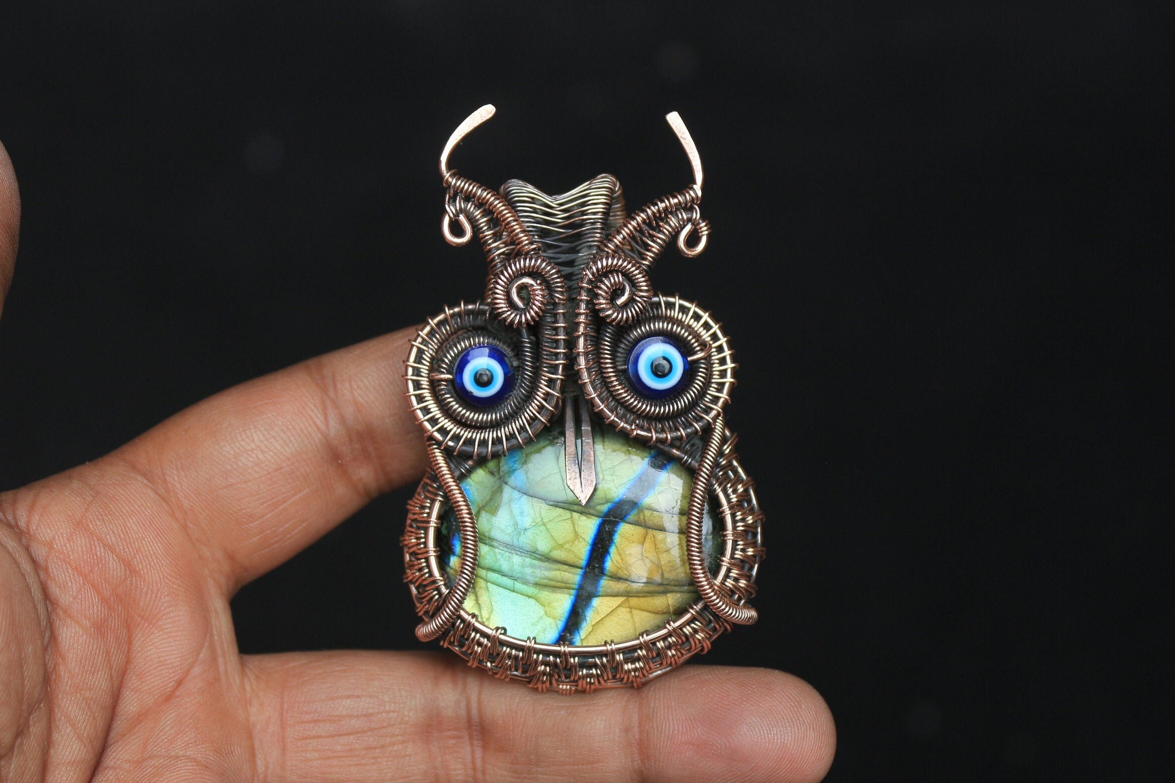 Handmade Copper Wire Wrap Owl Pendant: Labradorite Jewelry