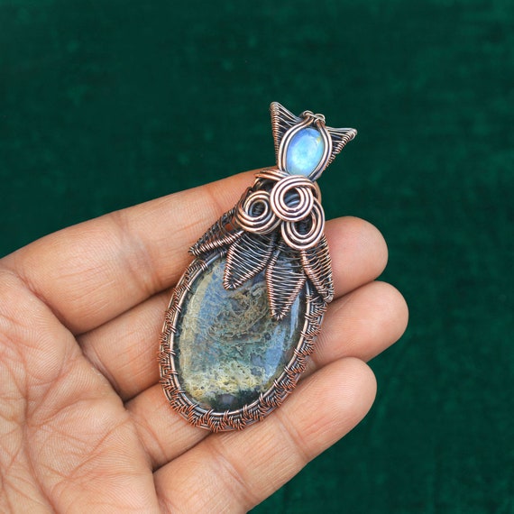 Moss Agate Copper Pendant, Copper Wire Wrap Pendant, Moonstone
