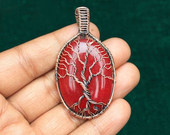 Red Jade Tree of Life Pendant: Oxidized Copper Wire Wrap