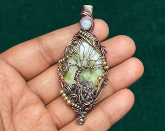 Tree Of Life Serpentine Pendant, Moonstone, Copper Wire Wrap