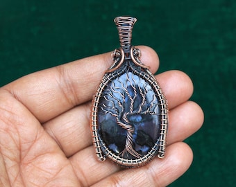 Indigo Gabbro Jasper Tree of Life Copper Wire Wrapped Pendant