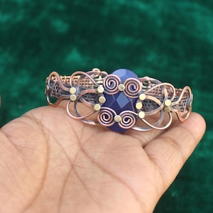 Unique Faceted Sapphire Gemstone Bangle/ Copper Wire Wrap Gemstone Bangle/ Women Jewelry/Christmas Gift Copper Bangle/ Adjustable Bangle