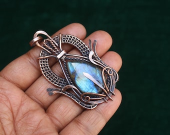 Ciondolo In Filo Di Rame Avvolto In Labradorite Blu Fuoco: Gioielli Di Design Ossidati - Italia - Foto 9