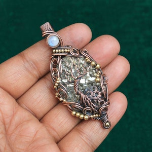 Tree Of Life Copper Wire Pendant: Moonstone & Pyrite Druzy, Handmade Jewelry