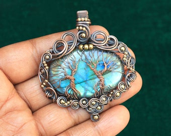 Tree Of Life Wire Pendant, Use For Necklace, Gift For Him, Two Tree Handmade Pendant,Labradorite Gemstone Copper Wire Wrap Pendant Jewelry,