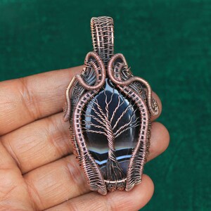 Banded Agate Tree Of Life Copper Wire Pendant, Gemstone Copper Wire Wrap Pendant, Oxidize Pendant, Gift For Mother, Banded Cabochon Pendant