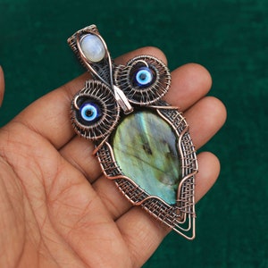 Labradorite Owl Copper Pendant, Gorgeous Labradorite Copper Wire Wrap Pendant Jewelry, Owl Designer Handmade Copper Jewelry, Gift For Her
