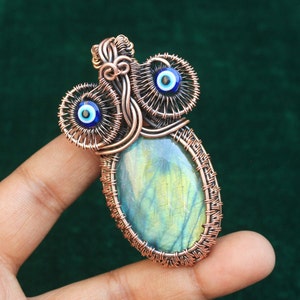 Owl Copper Pendant, Beautiful Flashy Labradorite Copper Wire Wrap Pendant Jewelry, Owl Designer Handmade Copper Jewelry, Gift For Her