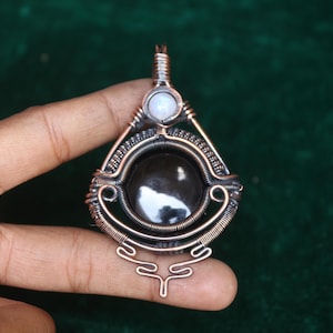 Black Onyx Gemstone Copper Pendant, Unique Moonstone Design Copper Wire Wrap Pendant, Oxidize Pendant, Gift For Mom, Wholesale Price