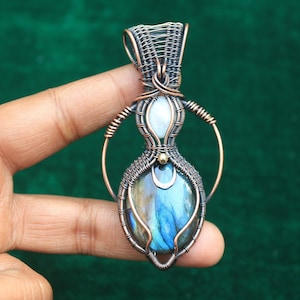 Blue Multi Fire Labradorite Gemstone Copper Pendant, Oxidize Copper Wire Wrap Pendant Jewelry, Gift For Her, Unique Design Copper Pendant