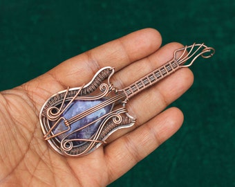 Lepidolite Guitar Pendant, Copper Wire Wrapped Woven Jewelry