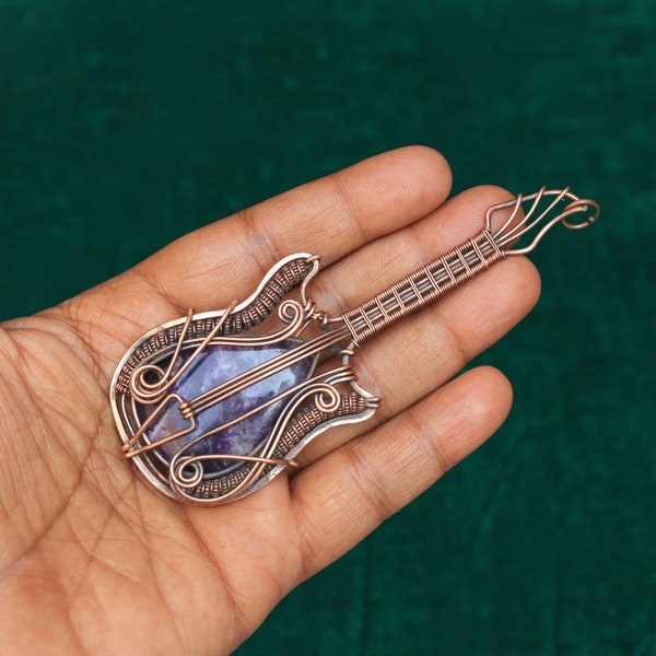 Gorgeous Guitar Pendant, Lepidolite Gemstone Copper Wire Wrap Pendant, Lepidolite Wire Woven Copper Jewelry, Christmas Gift Guitar Pendant