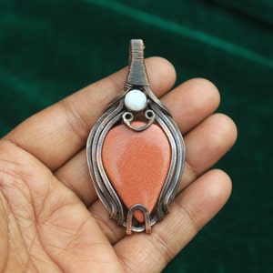 Moonstone Sun Star Gemstone Copper Wire Wrapped Pendant, Pretty Look Designer Pendant, Handmade Copper Wire Pendant Jewelry, Gift For Her