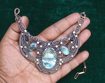 Abalone Shell Gemstone Necklace Jewelry, Dainty Designer Copper Wire Wrap Necklace Jewelry, Gift For Mom, Women Necklace, Banjara Necklace