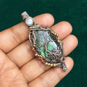 Gorgeous Tree Life Of Moonstone Evil Eye Pendant, Unique Fire Labradorite Gemstone Wire Wrap Pendant, Gift For Mother, Tree Pendant