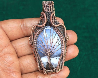 Graceful Gemstone Copper Pendant, Wire Wrapped Tree Pendant, Tree Of Life, Dendrite opal Jewelry, Christmas Gift, Handmade Tree Pendant