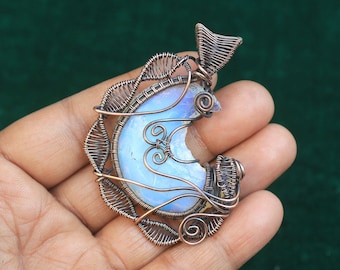 Gorgeous Opalite Crescent Moon Gemstone Pendant, Tempting Designer Wire Wrap Copper Jewelry, Fabulous Pendant,  Copper Jewelry, For Gift