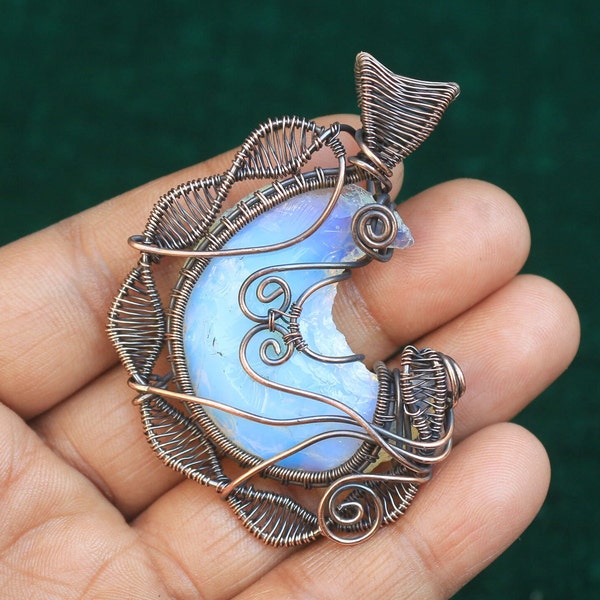 Gorgeous Opalite Crescent Moon Gemstone Pendant, Tempting Designer Wire Wrap Copper Jewelry, Fabulous Pendant,  Copper Jewelry, For Gift