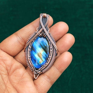 Unique Blue Multi Fire Labradorite Gemstone Copper Pendant, Oxidize Copper Wire Wrapped Pendant Jewelry, Gift For Her, Copper Pendant