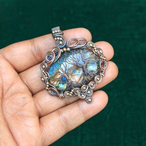 Double Tree Designer Handmade Pendant, Labradorite Gemstone Copper Wire Wrap Pendant Jewelry, Copper Pendant Use For Necklace, Gift For Her