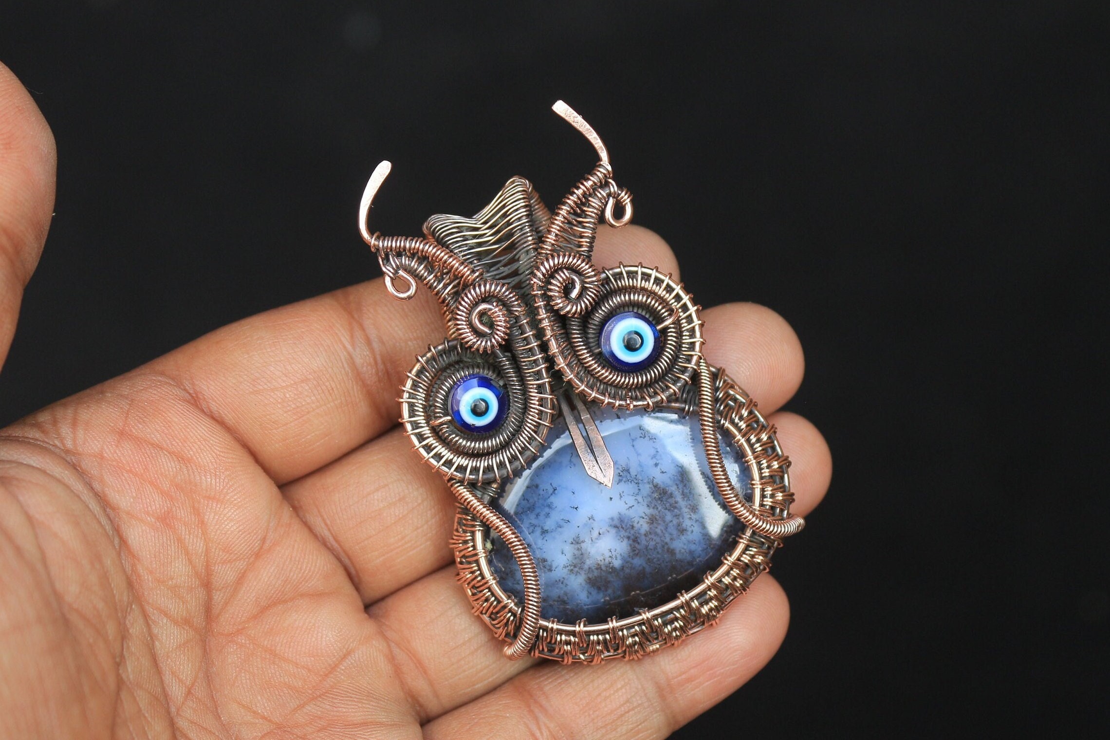 Owl Dendrite Opal Copper Pendant: Wire Wrapped Jewelry