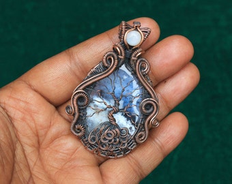 Tree Of Life Evil Eye Moonstone Pendant, Dendrite Opal Gemstone Copper Pendant, Opal Wire Wrap Pendant Jewelry, Gift For Mother