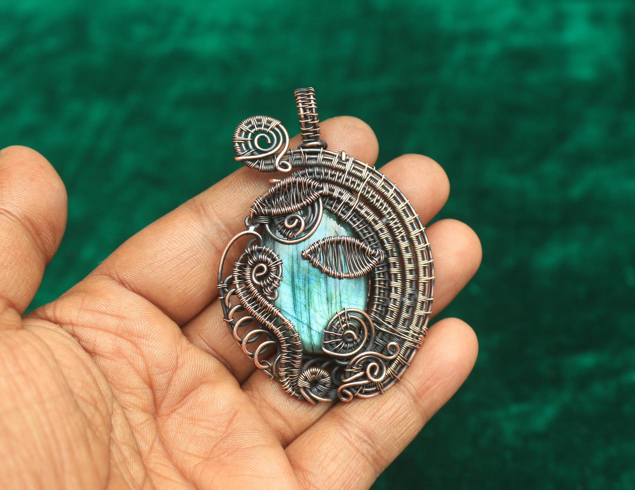 Elegant Flashy Labradorite Gemstone Copper Pendant, Oxidize Copper Wire Wrapped Pendant Jewelry, Gift For Her, Pure Copper Pendant