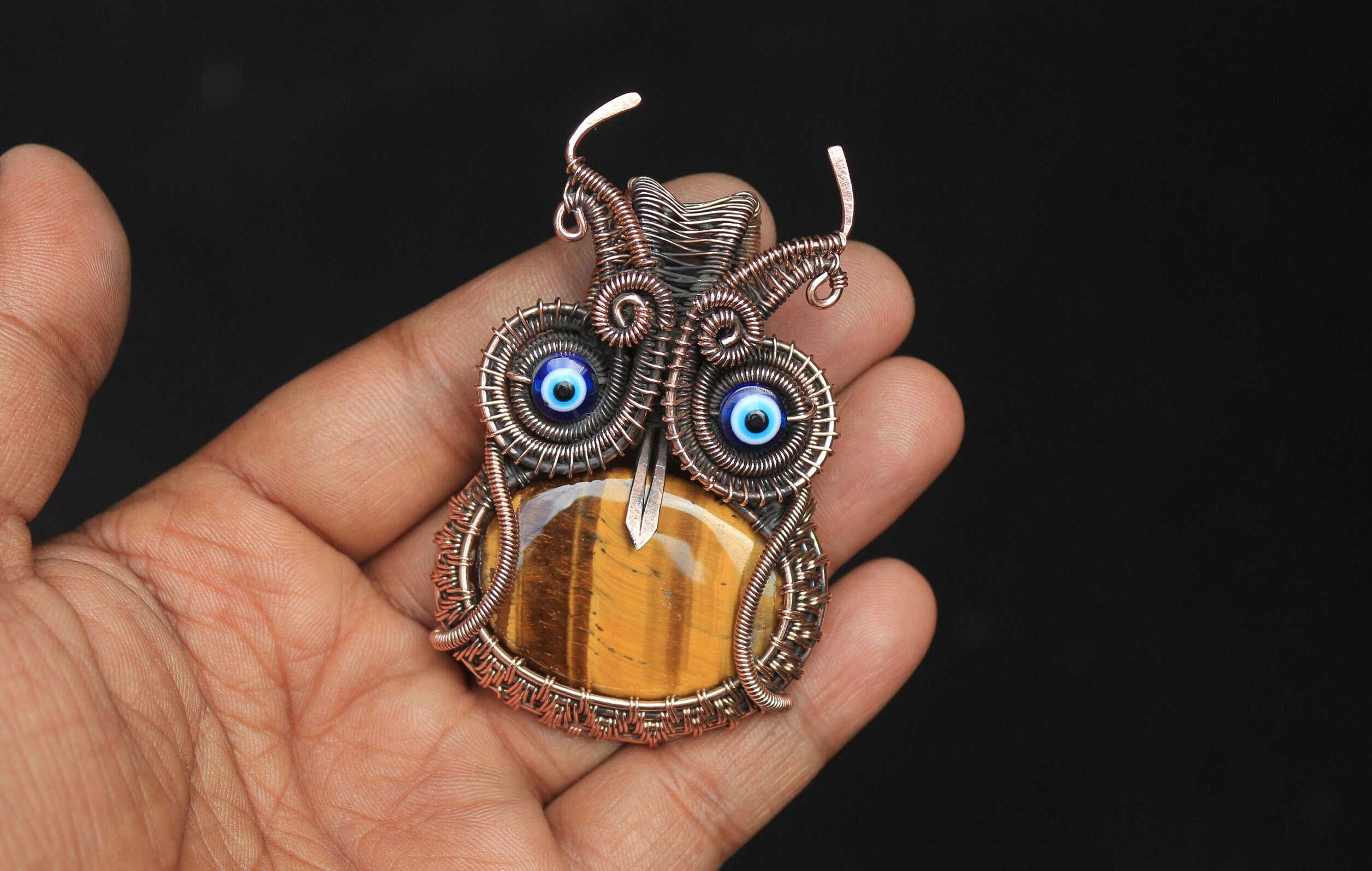 Owl Tiger Eye Gemstone Copper Wire Wrapped Pendant, Beautiful Owl Copper Wire Pendant Jewelry, Gift 