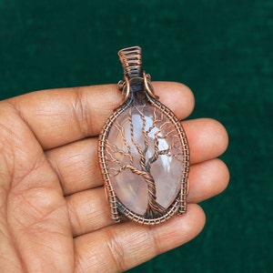 Pink Rose Quartz Life Of Tree Copper Wire Pendant Jewelry, Tree Pendant, Birthday Gift Item, For Necklace, Oxidize Pendant, Fine Hand Work